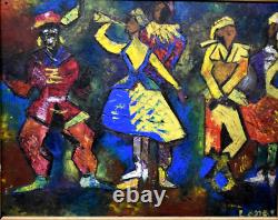 Old oil painting of French school dancers signed early 20th century cubism.