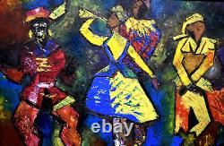 Old oil painting of French school dancers signed early 20th century cubism.