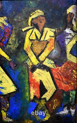 Old oil painting of French school dancers signed early 20th century cubism.