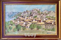 Old oil painting of a Fauvism landscape with mountain houses in a Corsican village, signed