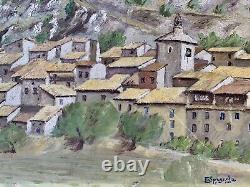 Old oil painting of a Fauvism landscape with mountain houses in a Corsican village, signed