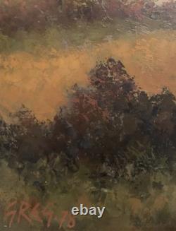 Old oil painting of a Provence landscape with houses and poplar trees, signed Ronald GREG XX