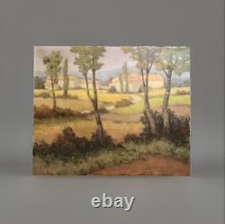 Old oil painting of a Provence landscape with houses and poplar trees, signed Ronald GREG XX