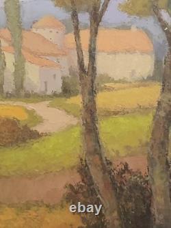 Old oil painting of a Provence landscape with houses and poplar trees, signed Ronald GREG XX