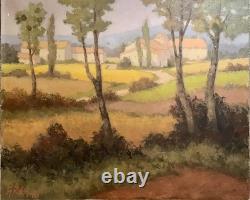 Old oil painting of a Provence landscape with houses and poplar trees, signed Ronald GREG XX