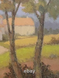 Old oil painting of a Provence landscape with houses and poplar trees, signed Ronald GREG XX