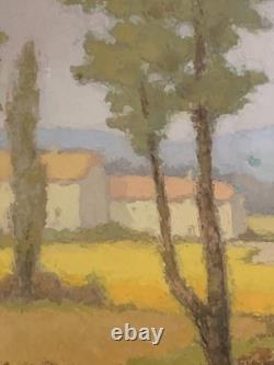 Old oil painting of a Provence landscape with houses and poplar trees, signed Ronald GREG XX