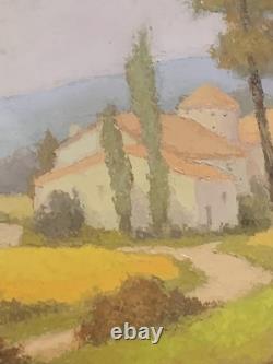 Old oil painting of a Provence landscape with houses and poplar trees, signed Ronald GREG XX