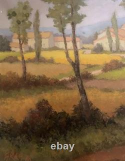 Old oil painting of a Provence landscape with houses and poplar trees, signed Ronald GREG XX
