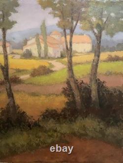Old oil painting of a Provence landscape with houses and poplar trees, signed Ronald GREG XX