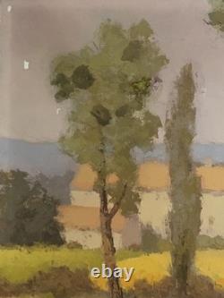 Old oil painting of a Provence landscape with houses and poplar trees, signed Ronald GREG XX