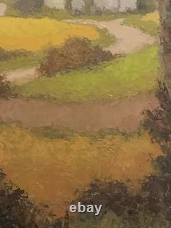 Old oil painting of a Provence landscape with houses and poplar trees, signed Ronald GREG XX
