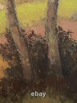 Old oil painting of a Provence landscape with houses and poplar trees, signed Ronald GREG XX