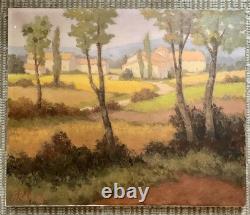 Old oil painting of a Provence landscape with houses and poplar trees, signed Ronald GREG XX