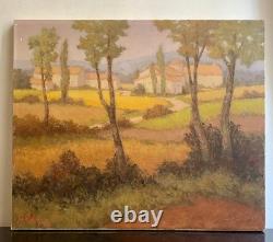 Old oil painting of a Provence landscape with houses and poplar trees, signed Ronald GREG XX