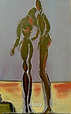 Old oil painting of a genre scene of a unique figurative raw art nude signed