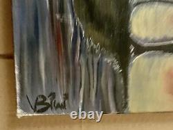 Old oil painting of a genre scene of a unique figurative raw art nude signed