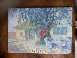 Old oil painting of a lively garden landscape, signed H. Bodin-Avon, Bénézit
