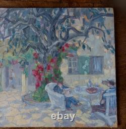 Old oil painting of a lively garden landscape, signed H. Bodin-Avon, Bénézit