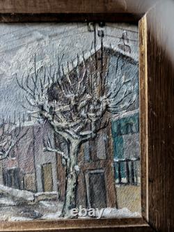 Old oil painting of a snowy street scene, signed (H. Bodin Avon - Bénézit)