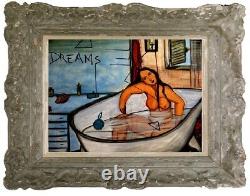 Old oil painting of a young nude girl bathing figurative old painting