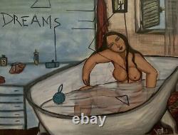 Old oil painting of a young nude girl bathing figurative old painting