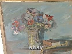 Old oil painting on canvas Still Life Floral 1946 signed