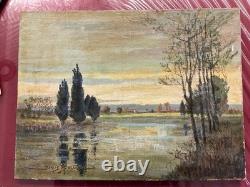 Old oil painting on canvas, The Orne at Putarges by Denis Brunaud, circa 1940