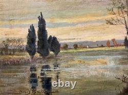 Old oil painting on canvas, The Orne at Putarges by Denis Brunaud, circa 1940