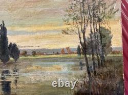 Old oil painting on canvas, The Orne at Putarges by Denis Brunaud, circa 1940