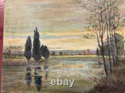 Old oil painting on canvas, The Orne at Putarges by Denis Brunaud, circa 1940