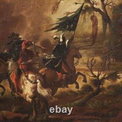 Old oil painting on canvas battle 18th century painting knights horse