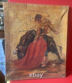 Old oil painting on canvas bullfight scene signed to be identified
