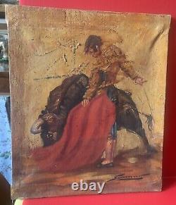 Old oil painting on canvas bullfight scene signed to be identified