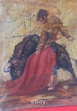 Old oil painting on canvas bullfight scene signed to be identified