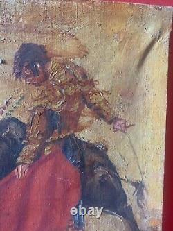 Old oil painting on canvas bullfight scene signed to be identified