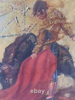 Old oil painting on canvas bullfight scene signed to be identified