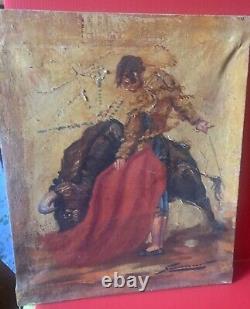 Old oil painting on canvas bullfight scene signed to be identified