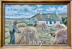 Old oil painting on canvas by Anders Carl Hune (1894-1968) Harvest landscape