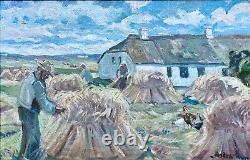 Old oil painting on canvas by Anders Carl Hune (1894-1968) Harvest landscape