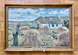 Old oil painting on canvas by Anders Carl Hune (1894-1968) Harvest landscape