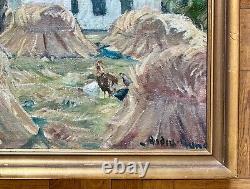 Old oil painting on canvas by Anders Carl Hune (1894-1968) Harvest landscape