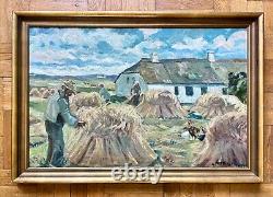 Old oil painting on canvas by Anders Carl Hune (1894-1968) Harvest landscape