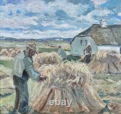 Old oil painting on canvas by Anders Carl Hune (1894-1968) Harvest landscape