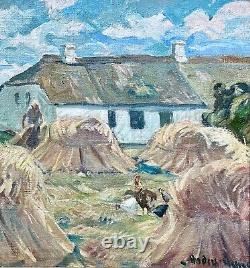 Old oil painting on canvas by Anders Carl Hune (1894-1968) Harvest landscape