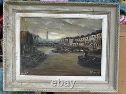 Old oil painting on canvas chiaroscuro Paris view boat obelisk