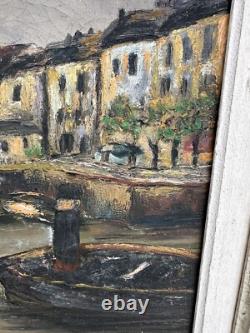 Old oil painting on canvas chiaroscuro Paris view boat obelisk