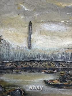 Old oil painting on canvas chiaroscuro Paris view boat obelisk