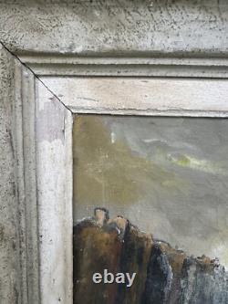 Old oil painting on canvas chiaroscuro Paris view boat obelisk
