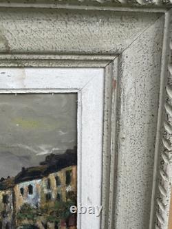 Old oil painting on canvas chiaroscuro Paris view boat obelisk
